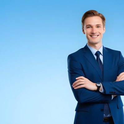 Minimal Soft Studio Light Photography Caucasian Male Approximately 30 Years Old With Light Brown Hair Wearing A Blue Suit And Tie Smiling With Arms Crossed Against A Light Blue Background High Detail Solid Bol 20 5f9e
