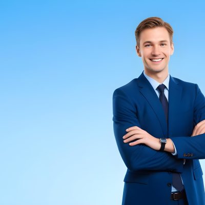 Minimal Soft Studio Light Photography Caucasian Male Approximately 30 Years Old With Light Brown Hair Wearing A Blue Suit And Tie Smiling With Arms Crossed Against A Light Blue Background High Detail Solid Bol 26 A058