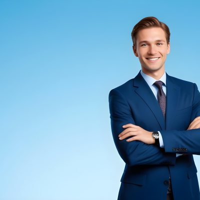 Minimal Soft Studio Light Photography Caucasian Male Approximately 30 Years Old With Light Brown Hair Wearing A Blue Suit And Tie Smiling With Arms Crossed Against A Light Blue Background High Detail Solid Bol 27 620b