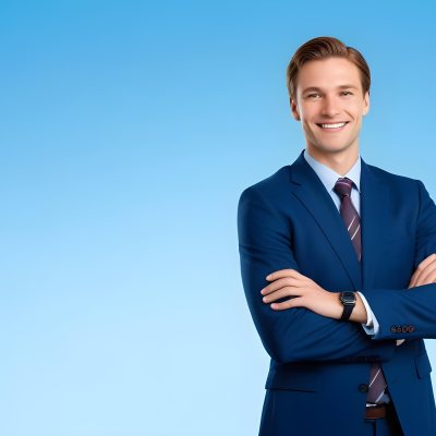 Minimal Soft Studio Light Photography Caucasian Male Approximately 30 Years Old With Light Brown Hair Wearing A Blue Suit And Tie Smiling With Arms Crossed Against A Light Blue Background High Detail Solid Bol 3 7d59