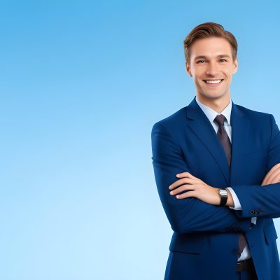 Minimal Soft Studio Light Photography Caucasian Male Approximately 30 Years Old With Light Brown Hair Wearing A Blue Suit And Tie Smiling With Arms Crossed Against A Light Blue Background High Detail Solid Bol 30 84ef