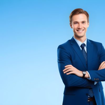 Minimal Soft Studio Light Photography Caucasian Male Approximately 30 Years Old With Light Brown Hair Wearing A Blue Suit And Tie Smiling With Arms Crossed Against A Light Blue Background High Detail Solid Bol 4 8cd0
