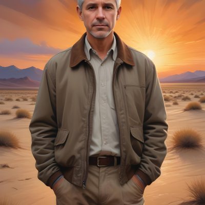 Watercolor Painting A Middle Aged Caucasian Man With Short Gray Hair Wearing A Brown Jacket Standing On A Sandy Desert Landscape With A Dramatic Sunset In The Background Creative Detailed Brush Stroke Minimal Spalsh 49 029a