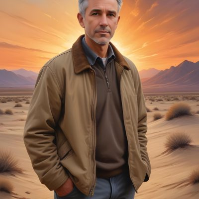 Watercolor Painting A Middle Aged Caucasian Man With Short Gray Hair Wearing A Brown Jacket Standing On A Sandy Desert Landscape With A Dramatic Sunset In The Background Creative Detailed Brush Stroke Minimal Spalsh 50 D6c2