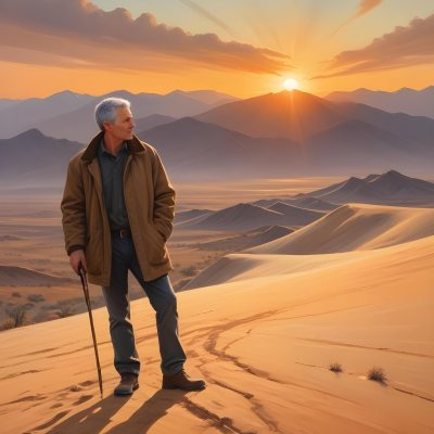 Watercolor Painting A Middle Aged Caucasian Man With Short Gray Hair Wearing A Brown Jacket Standing On A Sandy Desert Landscape With A Dramatic Sunset In The Background Creative Detailed Brush Stroke Minimal Spalsh 59 D0d4