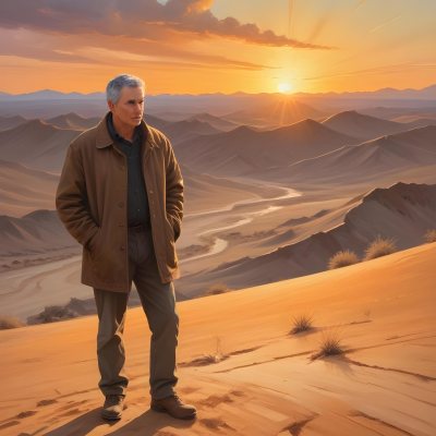Watercolor Painting A Middle Aged Caucasian Man With Short Gray Hair Wearing A Brown Jacket Standing On A Sandy Desert Landscape With A Dramatic Sunset In The Background Creative Detailed Brush Stroke Minimal Spalsh 63 8ecc
