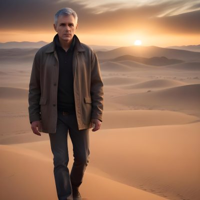 Watercolor Painting A Middle Aged Caucasian Man With Short Gray Hair Wearing A Brown Jacket Standing On A Sandy Desert Landscape With A Dramatic Sunset In The Background Creative Detailed Brush Stroke Minimal Spalsh 73 Eafe