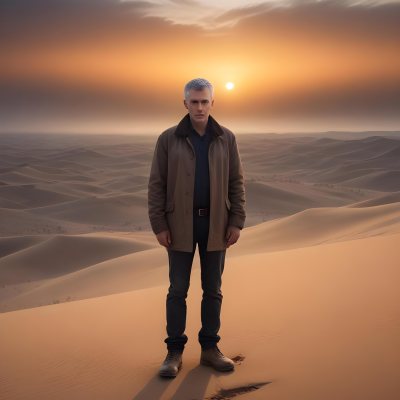 Watercolor Painting A Middle Aged Caucasian Man With Short Gray Hair Wearing A Brown Jacket Standing On A Sandy Desert Landscape With A Dramatic Sunset In The Background Creative Detailed Brush Stroke Minimal Spalsh 74 1842