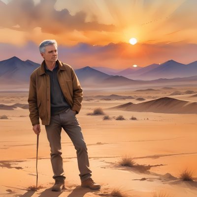 Watercolor Painting A Middle Aged Caucasian Man With Short Gray Hair Wearing A Brown Jacket Standing On A Sandy Desert Landscape With A Dramatic Sunset In The Background Creative Detailed Brush Stroke Minimal Spalsh 80 333c