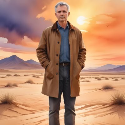 Watercolor Painting A Middle Aged Caucasian Man With Short Gray Hair Wearing A Brown Jacket Standing On A Sandy Desert Landscape With A Dramatic Sunset In The Background Creative Detailed Brush Stroke Minimal Spalsh 81 9a05
