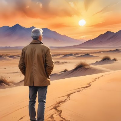 Watercolor Painting A Middle Aged Caucasian Man With Short Gray Hair Wearing A Brown Jacket Standing On A Sandy Desert Landscape With A Dramatic Sunset In The Background Creative Detailed Brush Stroke Minimal Spalsh 83 F5d5