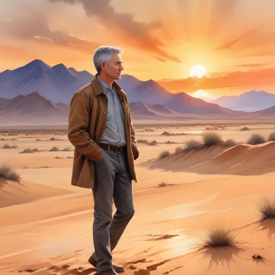 Watercolor Painting A Middle Aged Caucasian Man With Short Gray Hair Wearing A Brown Jacket Standing On A Sandy Desert Landscape With A Dramatic Sunset In The Background Creative Detailed Brush Stroke Minimal Spalsh 84 89e2