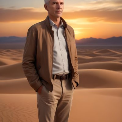 Watercolor Painting A Middle Aged Caucasian Man With Short Gray Hair Wearing A Brown Jacket Standing On A Sandy Desert Landscape With A Dramatic Sunset In The Background Creative Detailed Brush Stroke Minimal Spalsh 9 Accd