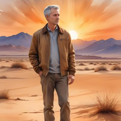 Watercolor Painting A Middle Aged Caucasian Man With Short Gray Hair Wearing A Brown Jacket Standing On A Sandy Desert Landscape With A Dramatic Sunset In The Background Creative Detailed Brush Stroke Minimal Spalsh 91 Fc15