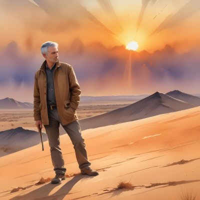 Watercolor Painting A Middle Aged Caucasian Man With Short Gray Hair Wearing A Brown Jacket Standing On A Sandy Desert Landscape With A Dramatic Sunset In The Background Creative Detailed Brush Stroke Minimal Spalsh 94 C020