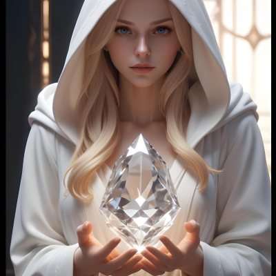 Watercolor Painting A Young Fair Skinned Woman With Long Blonde Hair Wearing A White Hooded Robe Holding A Large Diamond In Her Hands Creative Detailed Brush Stroke Minimal Spalsh 10 8bcd