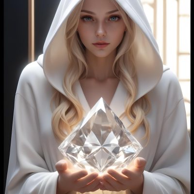 Watercolor Painting A Young Fair Skinned Woman With Long Blonde Hair Wearing A White Hooded Robe Holding A Large Diamond In Her Hands Creative Detailed Brush Stroke Minimal Spalsh 11 A494