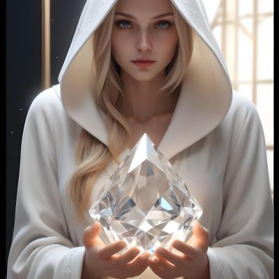 Watercolor Painting A Young Fair Skinned Woman With Long Blonde Hair Wearing A White Hooded Robe Holding A Large Diamond In Her Hands Creative Detailed Brush Stroke Minimal Spalsh 12 8ae5