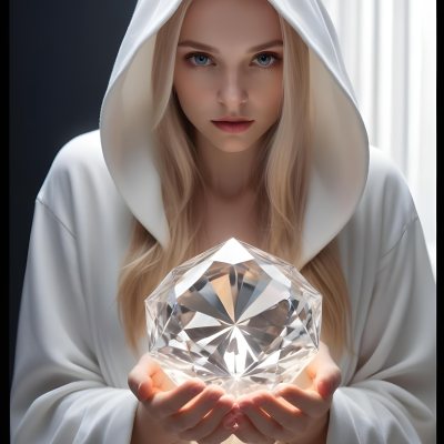 Watercolor Painting A Young Fair Skinned Woman With Long Blonde Hair Wearing A White Hooded Robe Holding A Large Diamond In Her Hands Creative Detailed Brush Stroke Minimal Spalsh 19 1271