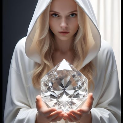 Watercolor Painting A Young Fair Skinned Woman With Long Blonde Hair Wearing A White Hooded Robe Holding A Large Diamond In Her Hands Creative Detailed Brush Stroke Minimal Spalsh 20 D4f7