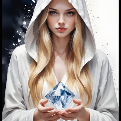 Watercolor Painting A Young Fair Skinned Woman With Long Blonde Hair Wearing A White Hooded Robe Holding A Large Diamond In Her Hands Creative Detailed Brush Stroke Minimal Spalsh 24 82e8