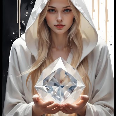 Watercolor Painting A Young Fair Skinned Woman With Long Blonde Hair Wearing A White Hooded Robe Holding A Large Diamond In Her Hands Creative Detailed Brush Stroke Minimal Spalsh 26 B1c3
