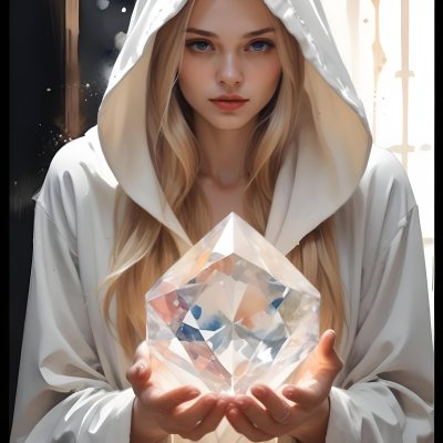 Watercolor Painting A Young Fair Skinned Woman With Long Blonde Hair Wearing A White Hooded Robe Holding A Large Diamond In Her Hands Creative Detailed Brush Stroke Minimal Spalsh 28 42f7
