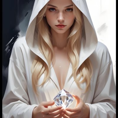 Watercolor Painting A Young Fair Skinned Woman With Long Blonde Hair Wearing A White Hooded Robe Holding A Large Diamond In Her Hands Creative Detailed Brush Stroke Minimal Spalsh 5 462c