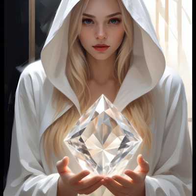 Watercolor Painting A Young Fair Skinned Woman With Long Blonde Hair Wearing A White Hooded Robe Holding A Large Diamond In Her Hands Creative Detailed Brush Stroke Minimal Spalsh 6 3718