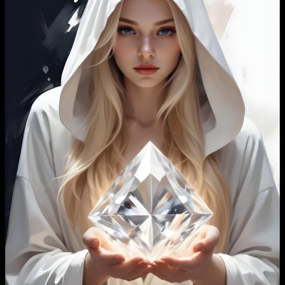 Watercolor Painting A Young Fair Skinned Woman With Long Blonde Hair Wearing A White Hooded Robe Holding A Large Diamond In Her Hands Creative Detailed Brush Stroke Minimal Spalsh 7 8ac1