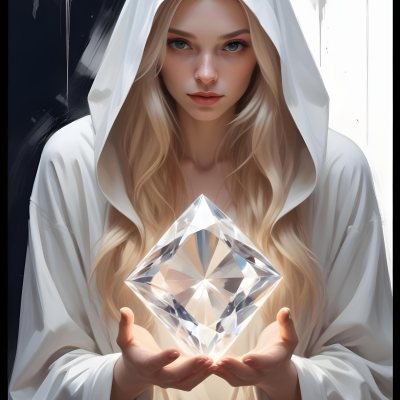 Watercolor Painting A Young Fair Skinned Woman With Long Blonde Hair Wearing A White Hooded Robe Holding A Large Diamond In Her Hands Creative Detailed Brush Stroke Minimal Spalsh 8 26b0