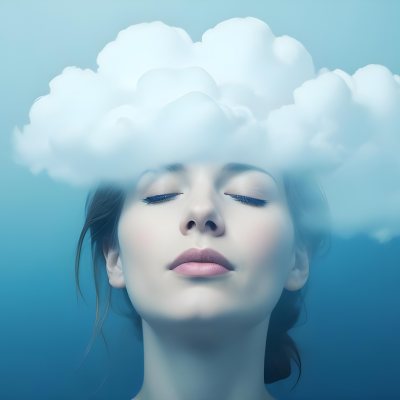 White Woman 25 Years Old With Closed Eyes And A Cloud Above Her Head Blue Background 10 7d8b