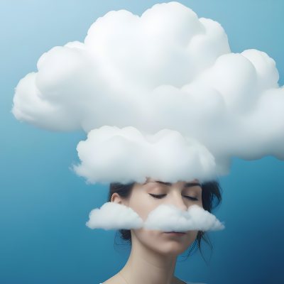 White Woman 25 Years Old With Closed Eyes And A Cloud Above Her Head Blue Background 13 95ce