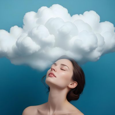 White Woman 25 Years Old With Closed Eyes And A Cloud Above Her Head Blue Background 15 E440