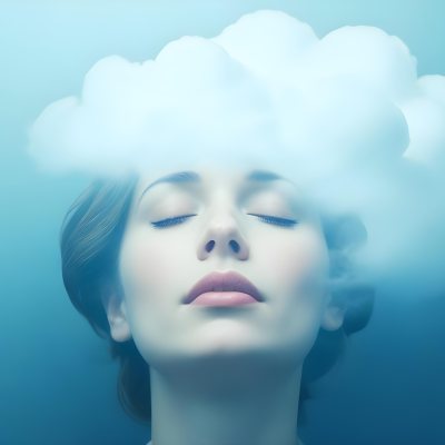 White Woman 25 Years Old With Closed Eyes And A Cloud Above Her Head Blue Background 22 34d6