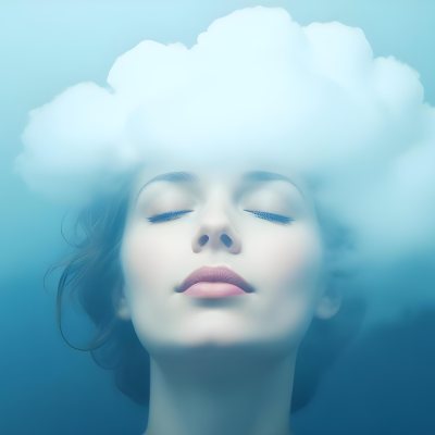 White Woman 25 Years Old With Closed Eyes And A Cloud Above Her Head Blue Background 24 Ed58