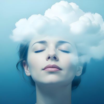 White Woman 25 Years Old With Closed Eyes And A Cloud Above Her Head Blue Background 26 1e31