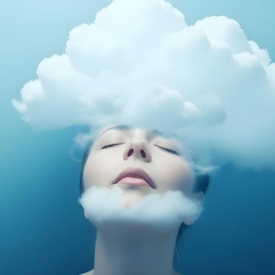 White Woman 25 Years Old With Closed Eyes And A Cloud Above Her Head Blue Background 28 30ee