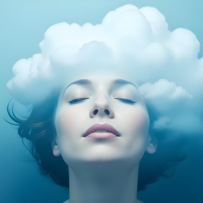 White Woman 25 Years Old With Closed Eyes And A Cloud Above Her Head Blue Background 29 33a2