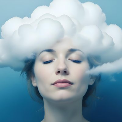 White Woman 25 Years Old With Closed Eyes And A Cloud Above Her Head Blue Background 34 9031