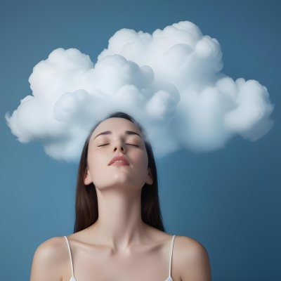 White Woman 25 Years Old With Closed Eyes And A Cloud Above Her Head Blue Background 39 2ea0