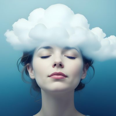 White Woman 25 Years Old With Closed Eyes And A Cloud Above Her Head Blue Background 4 1f15