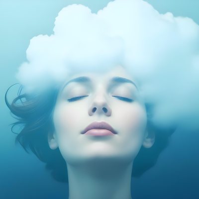 White Woman 25 Years Old With Closed Eyes And A Cloud Above Her Head Blue Background 48 6460