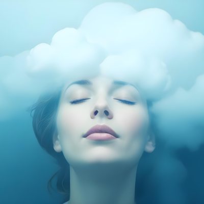 White Woman 25 Years Old With Closed Eyes And A Cloud Above Her Head Blue Background 9 62f7