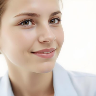 Young Woman Of Caucasian Descent Approximately 25 Years Old With Light Brown Hair And A Slight Smile She Is Wearing A Light Blue Shirt The Background Is Plain And Light Colored 16 C61a