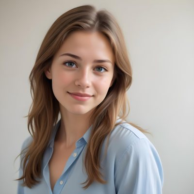 Young Woman Of Caucasian Descent Approximately 25 Years Old With Light Brown Hair And A Slight Smile She Is Wearing A Light Blue Shirt The Background Is Plain And Light Colored 2 4f0e