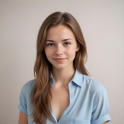 Young Woman Of Caucasian Descent Approximately 25 Years Old With Light Brown Hair And A Slight Smile She Is Wearing A Light Blue Shirt The Background Is Plain And Light Colored 6 8602