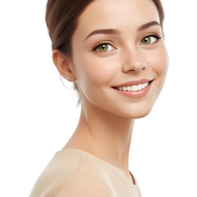 Young Woman With Light Brown Skin Medium Length Brown Hair And Green Eyes Smiling Gently The Background Is Plain White Emphasizing Her Facial Features 1 1b1a