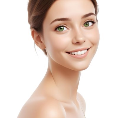 Young Woman With Light Brown Skin Medium Length Brown Hair And Green Eyes Smiling Gently The Background Is Plain White Emphasizing Her Facial Features 18 472d