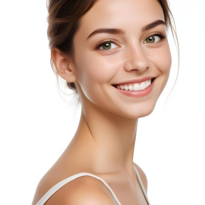 Young Woman With Light Brown Skin Medium Length Brown Hair And Green Eyes Smiling Gently The Background Is Plain White Emphasizing Her Facial Features 19 Adf3